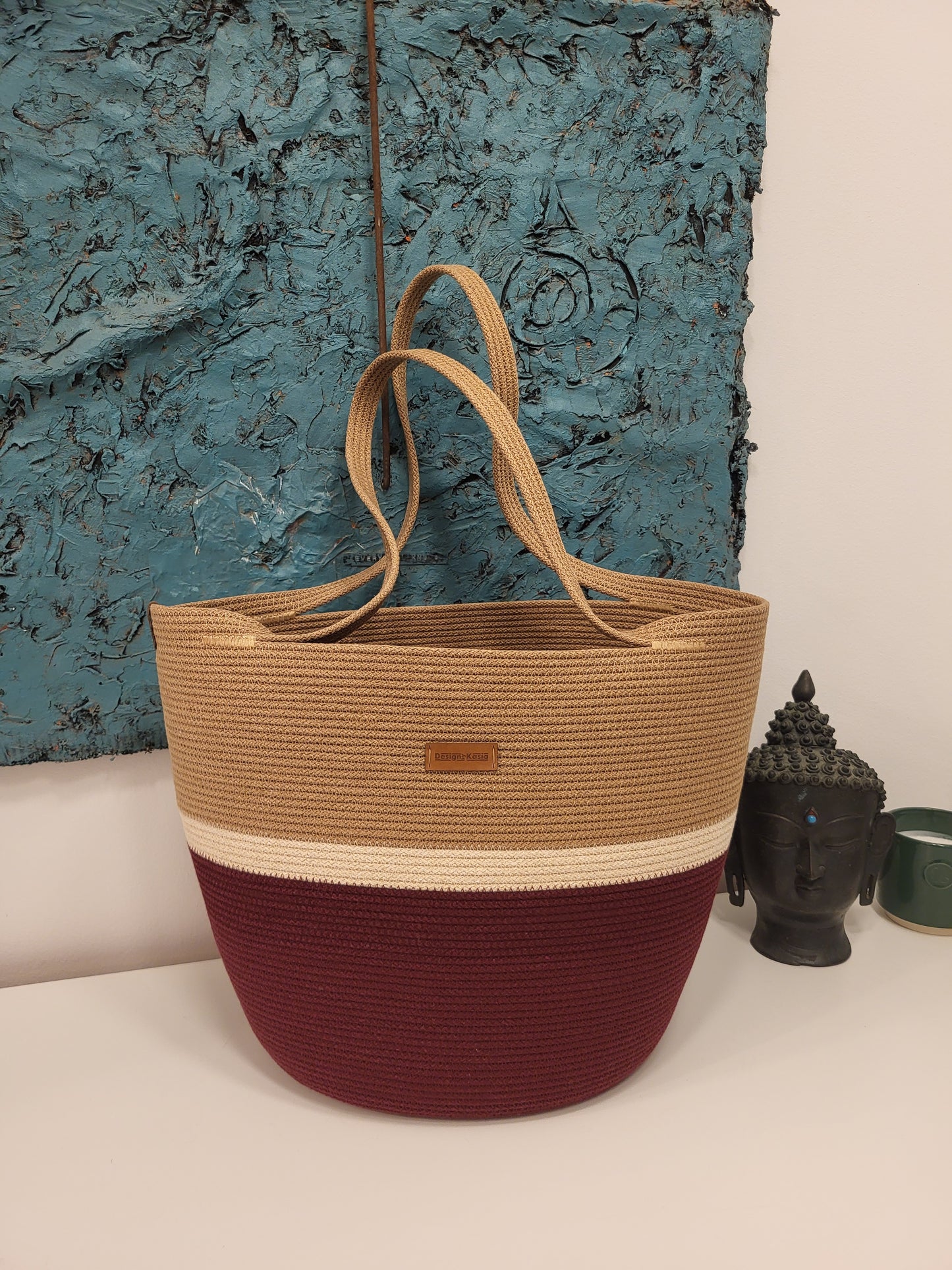 City Bag. Burgundi & rå bomull & karamell.