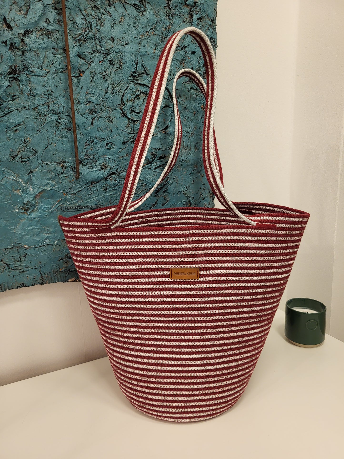 City Bag, randig. Vinröd och salt&peppar