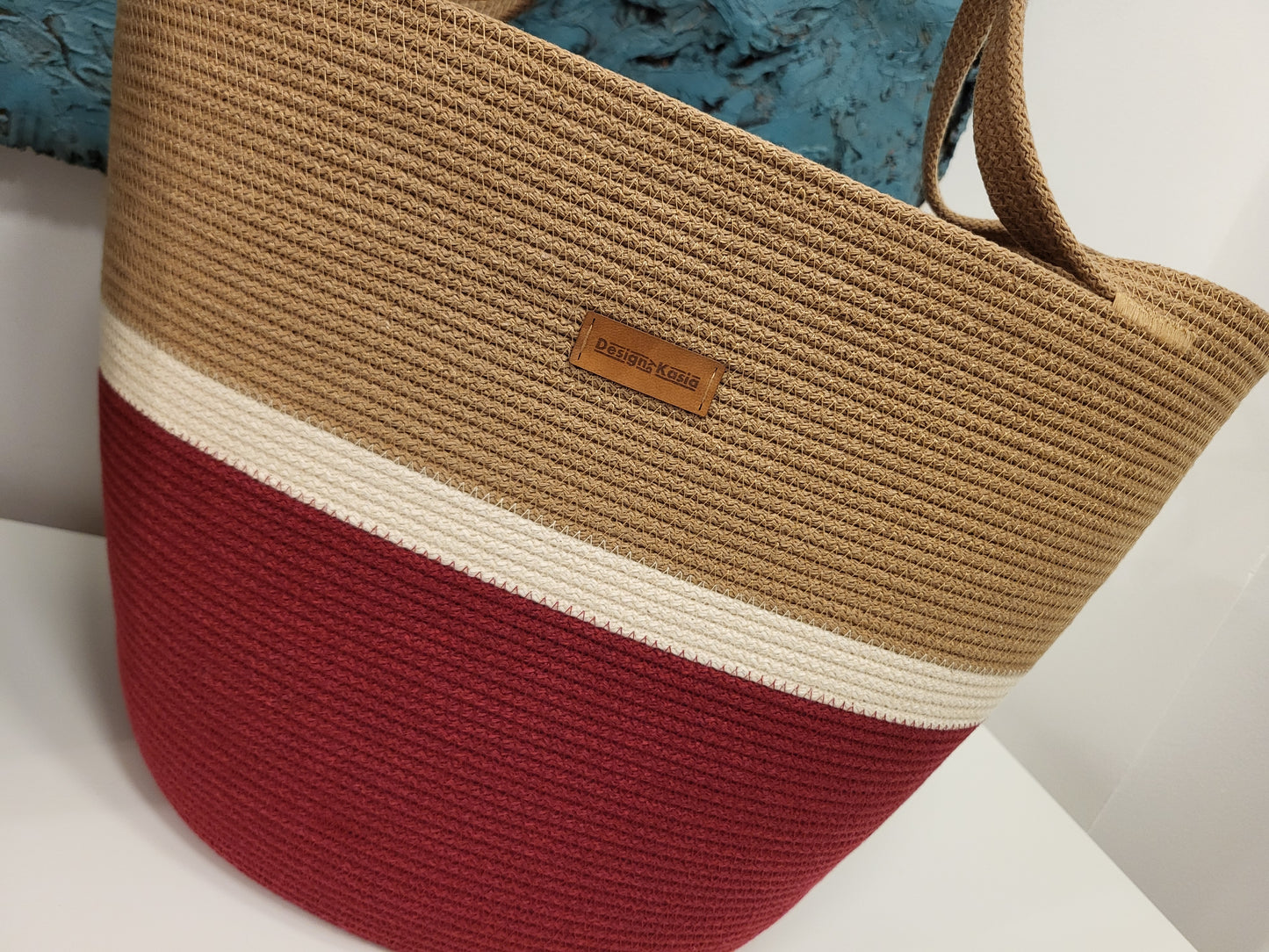 City Bag. Vinröd & rå bomull & karamell.