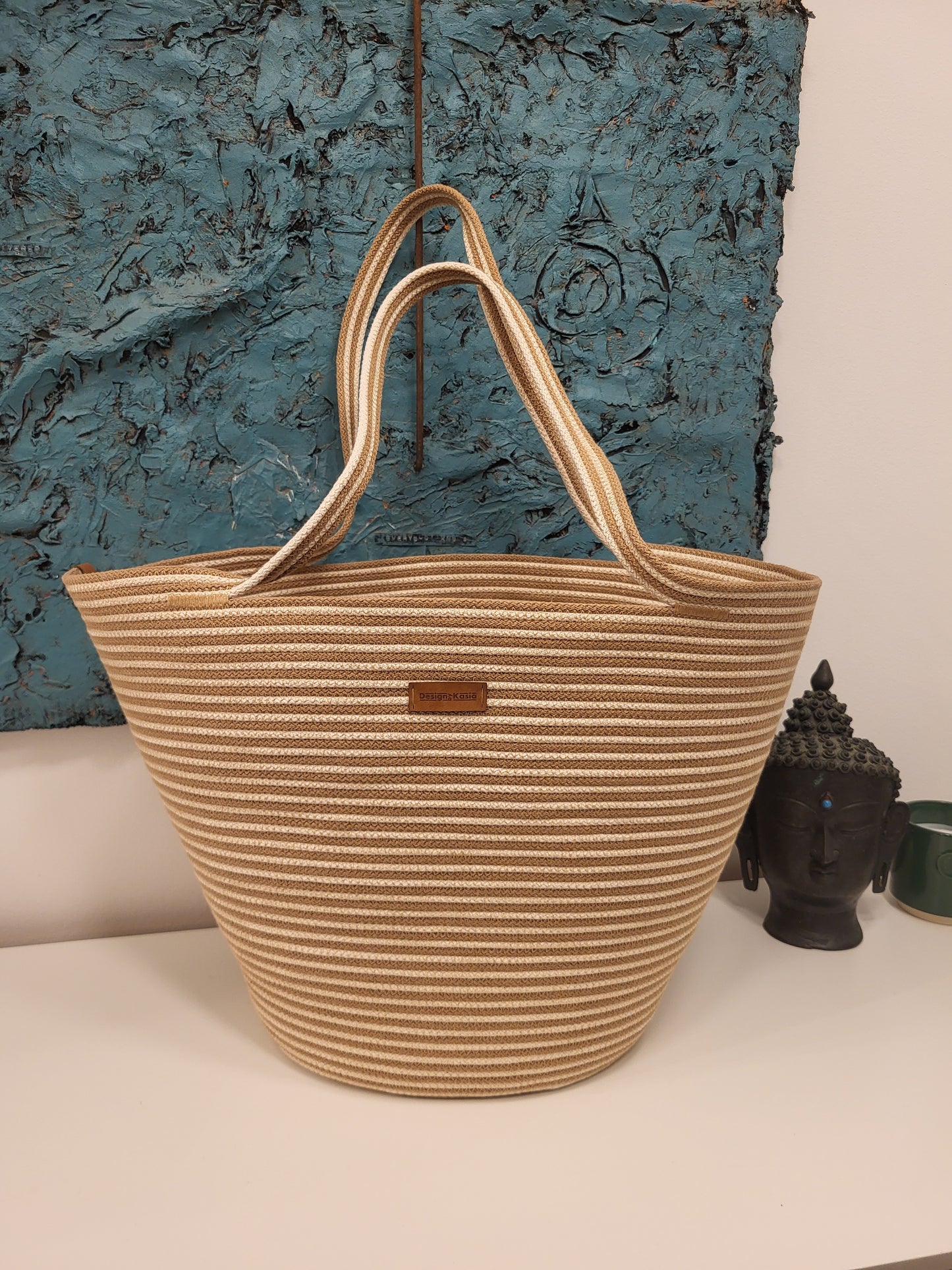 City Bag, randig. Karamell och rå bomull.