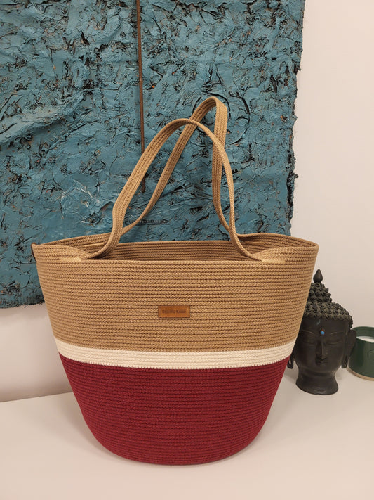 City Bag. Vinröd & rå bomull & karamell.
